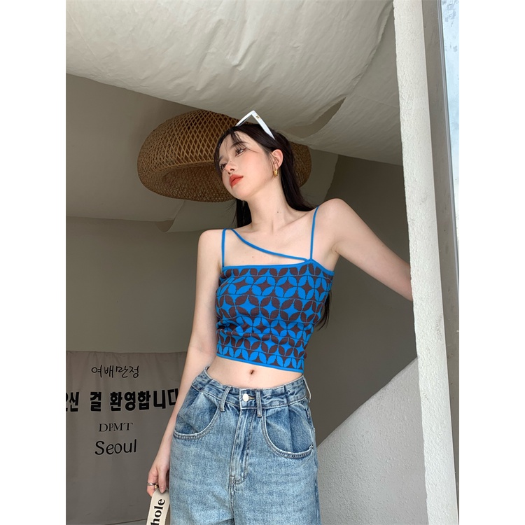 Áo Croptop Dệt Kim Màu Xanh Tương Phản Phong Cách Hàn Quốc