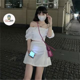 Set áo croptop trễ vai dây eo và chân váy màu trắng  chất Umi mịn đẹp - CUTEZOO