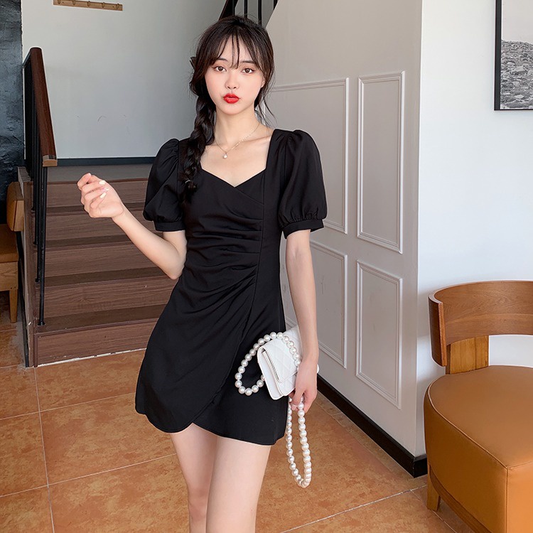 Đầm chiffon ZHELIHANGFEI ngắn tay màu trơn thiết kế không đồng đều xinh xắn thời trang