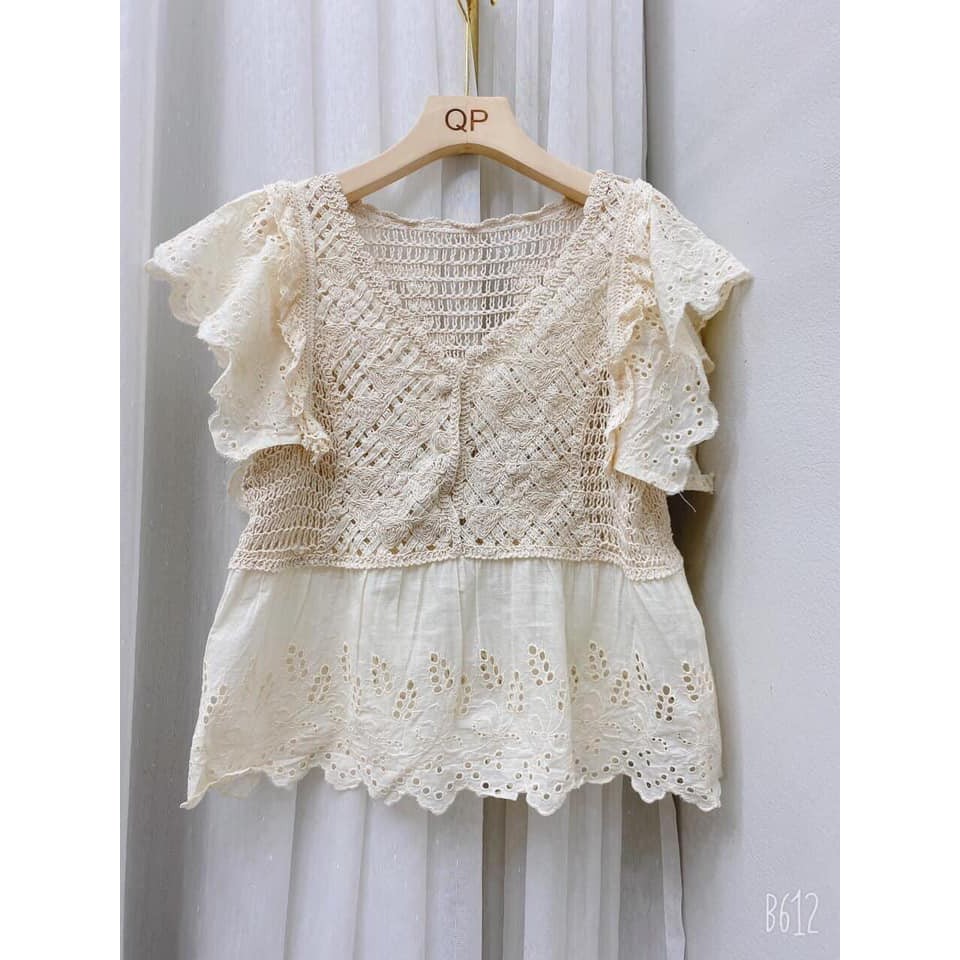 [Mã NAVIFAHIO giảm 10K đơn 50K] Áo Babydoll Len Móc Pha Thô Cực Xinh [FREESHIP]🌸 Áo Kiểu Cổ Tròn Hoa Phối Nút Siêu Xinh