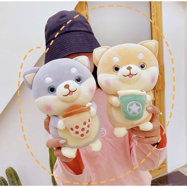 Gấu bông cao cấp Chó Shiba ôm trà sữa chất lông mịn - Ú Store