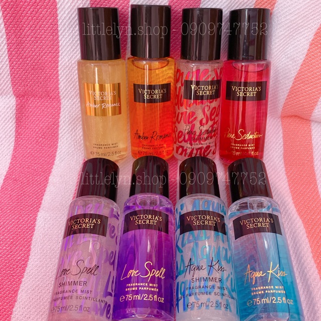 [AUTH-BILL MĨ] Nước Hoa Xịt Toàn Thân Victoria’s Secret-Body Mist Vic 75ml-Amber Romance,Love Spell,Pure Seduction, Aqua