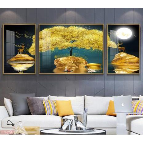 T36 Tranh Tráng gương Treo Tường Phòng Khách Cây Kìm Tiền và Tài Lộc Vàng Quý Quà Tết Decro Phòng Ngủ/ Thờ