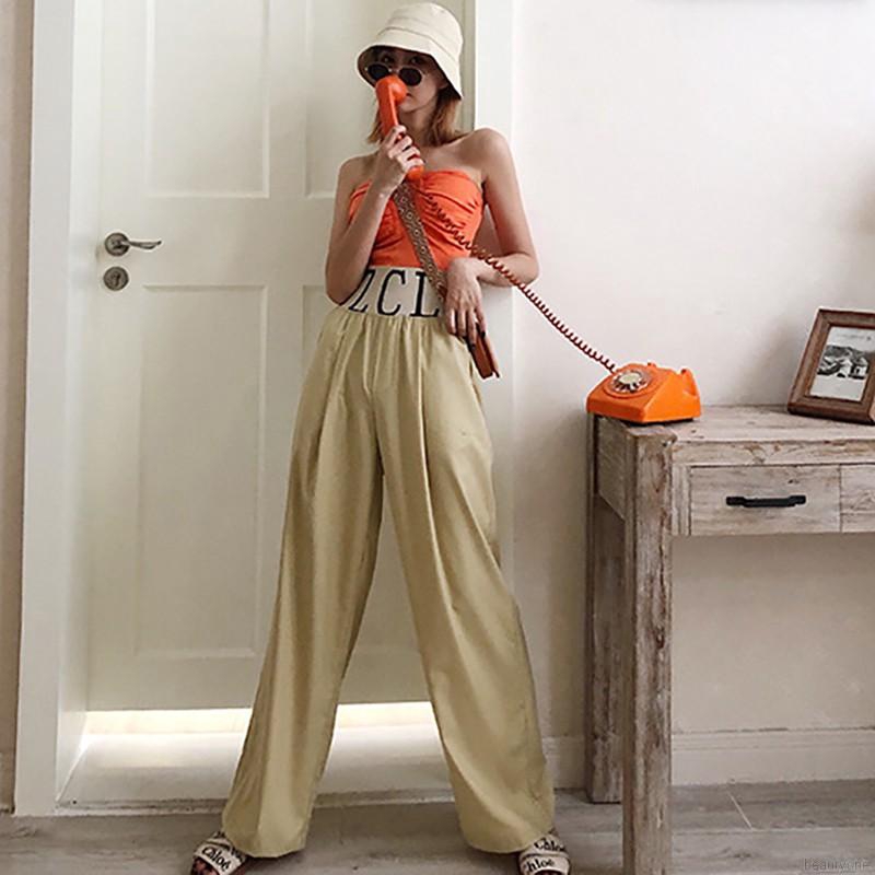 Quần ống rộng lưng thun cao màu trơn chất liệu co giãn thoải mái | BigBuy360 - bigbuy360.vn