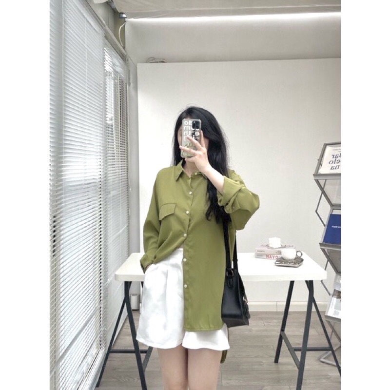 Áo sơ mi vạt tôm cúc sau✅H203