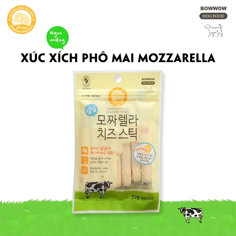 Xúc Xích Phô Mai Mozzarella, Cheddar Cao Cấp Cho Chó Bowwow 70g