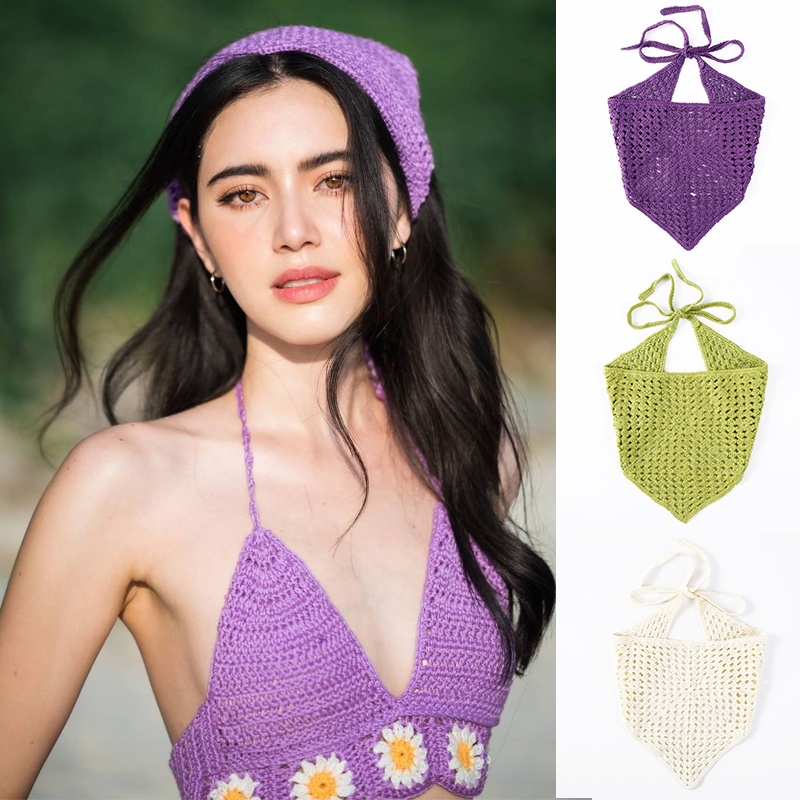 Băng đô HAIMEIKANG hình tam giác đan móc họa tiết/ màu trơn phong cách retro cổ điển