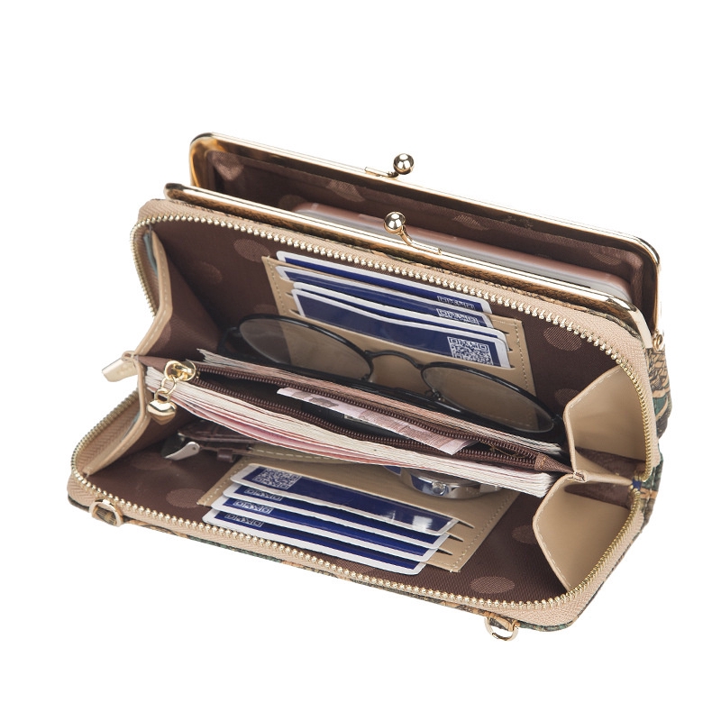 Túi đựng điện thoại SeaGloca dáng dài thiết kế họa tiết vân gỗ có khóa kéo và khóa cài ly hợp cho nữ