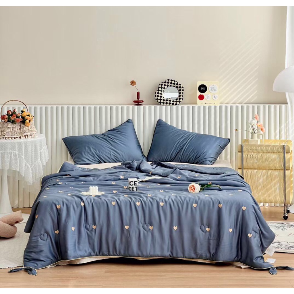 Chăn tencel thêu tim kèm nơ cao cấp, chăn đắp hè thêu tim tencel mềm mịn kích thước 2mx2m3 MỚI