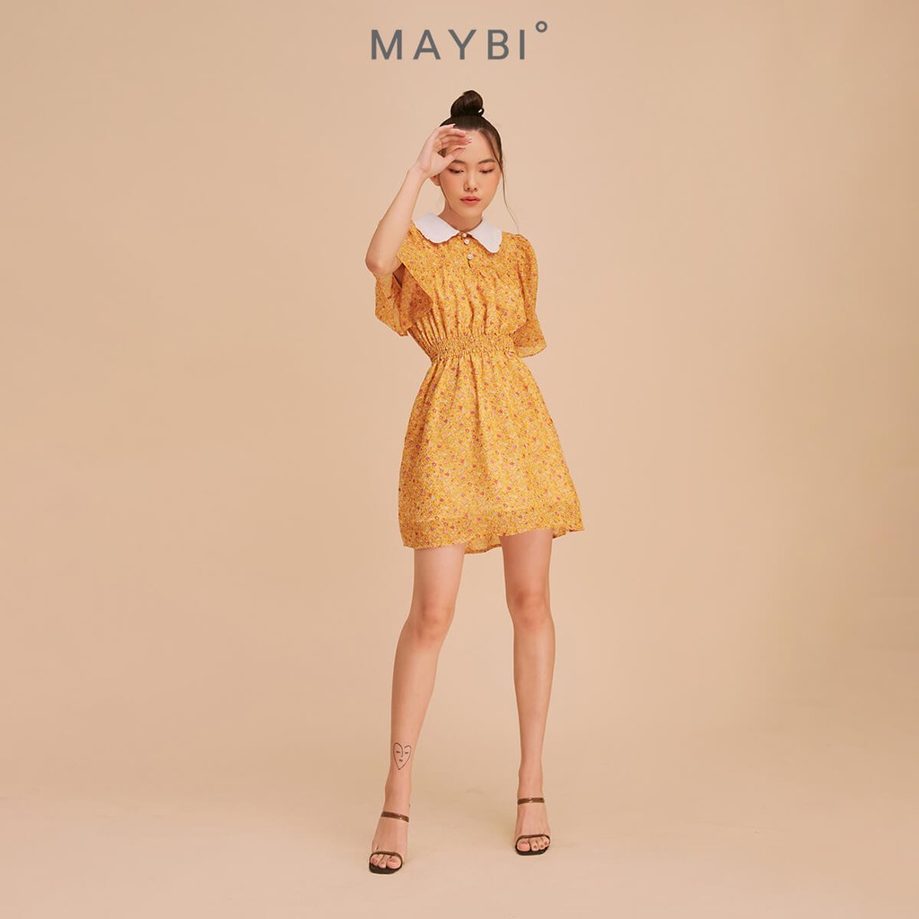 [Mã MAYBI100 giảm 100K đơn từ 599K] MAYBI - Đầm họa tiết hoa vàng nhún eo Caff Length Print Dress