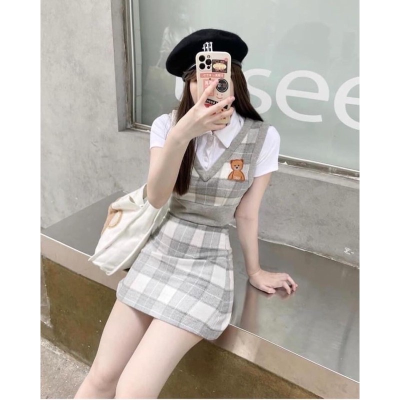 Set 3 Món Kẻ Caro Gấu Hàn Quốc 🦋 Áo polo croptop + áo gile + chân váy ngắn chữ a 🦋 | BigBuy360 - bigbuy360.vn