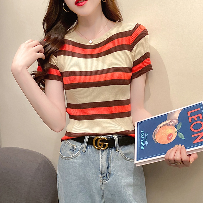Áo Thun Dệt Kim Ngắn Tay Cổ Vuông Kẻ Sọc Thời Trang Trẻ Trung Áo Dệt Kim Ngắn Tay Cổ Tròn Họa Tiết Kẻ Sọc Nhiều Màu Thời Trang Mùa Hè Cho Nữ