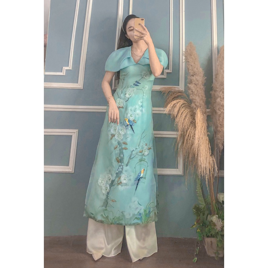 ÁO DÀI XANH CỔ V TAY BÔNG