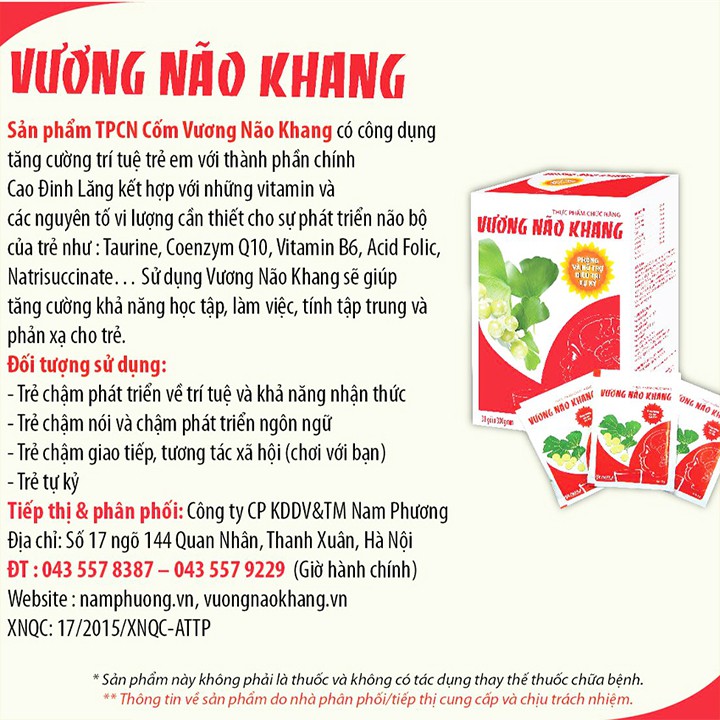 Vương não khang - hỗ trợ tăng cường trí nhớ cho trẻ em - hộp 30 gói