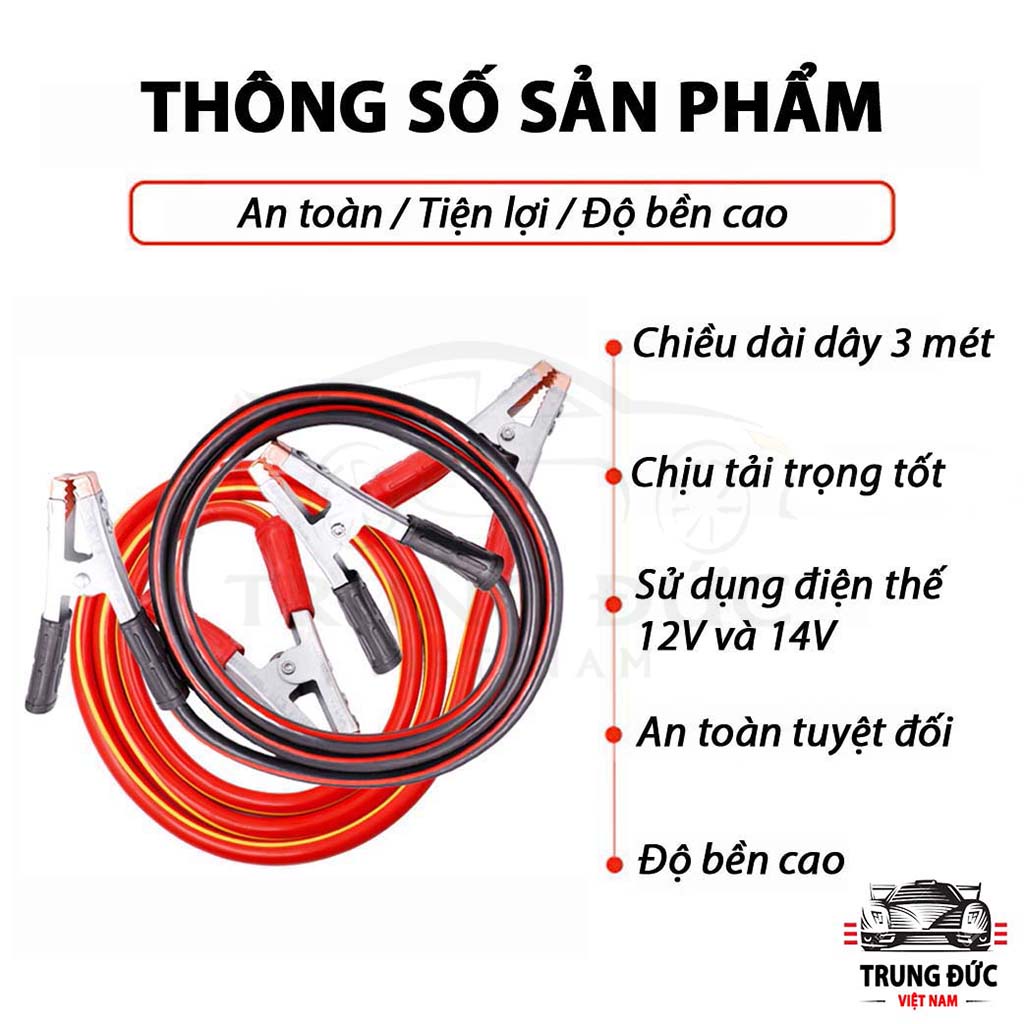 Dây câu bình Ắc Quy 1000A TRUNGDUCVN kích thước 3 mét lõi đồng siêu to, có kẹp cách điện giúp kích điện Ắc Quy cứu hộ