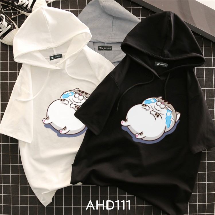 ⚡️ FreeShip 50k ⚡️ AHD111 Áo thun teen nam nữ HOODIE TAY LỠ CÓ NÓN hình mèo ami bụng bự