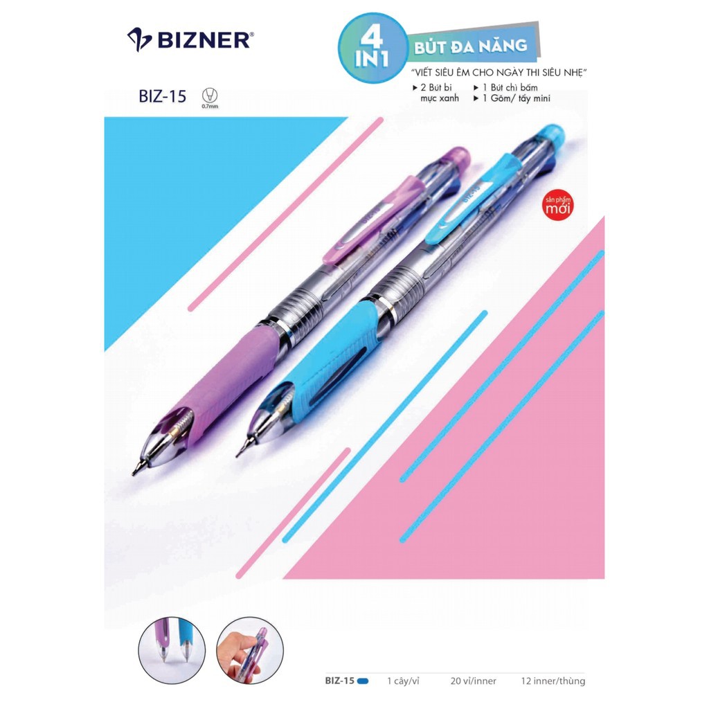 [Chính Hãng] Bút Đa Năng Bizner 4 In 1 - 2 bút bi mực xanh, 1 bút chì bấm, 1 gôm tẩy mini (vỉ 1 cây)