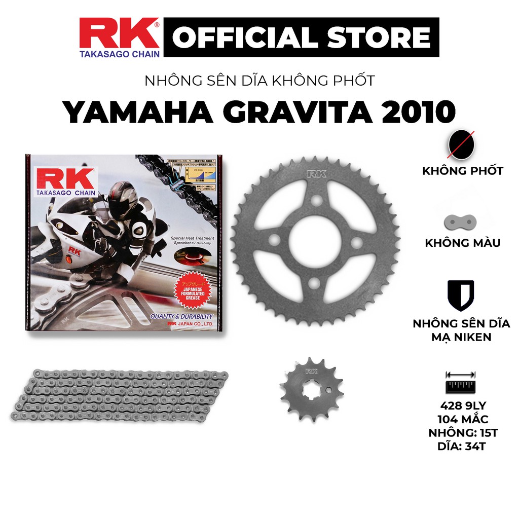 Nhông Sên Dĩa RK Takasago cho xe máy Yamaha Gravita 2010 RK: Nhông Dĩa thép, Sên không phốt 9 ly