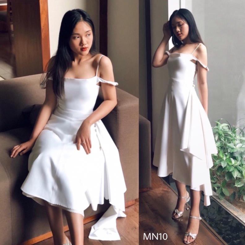 Đầm trắng hai dây trễ vai xoè rớt tà sang trọng dự tiệc đi chơi cao cấp MN10 - Đầm Váy Mina [HÀNG THIẾT KẾ CAO CẤP]