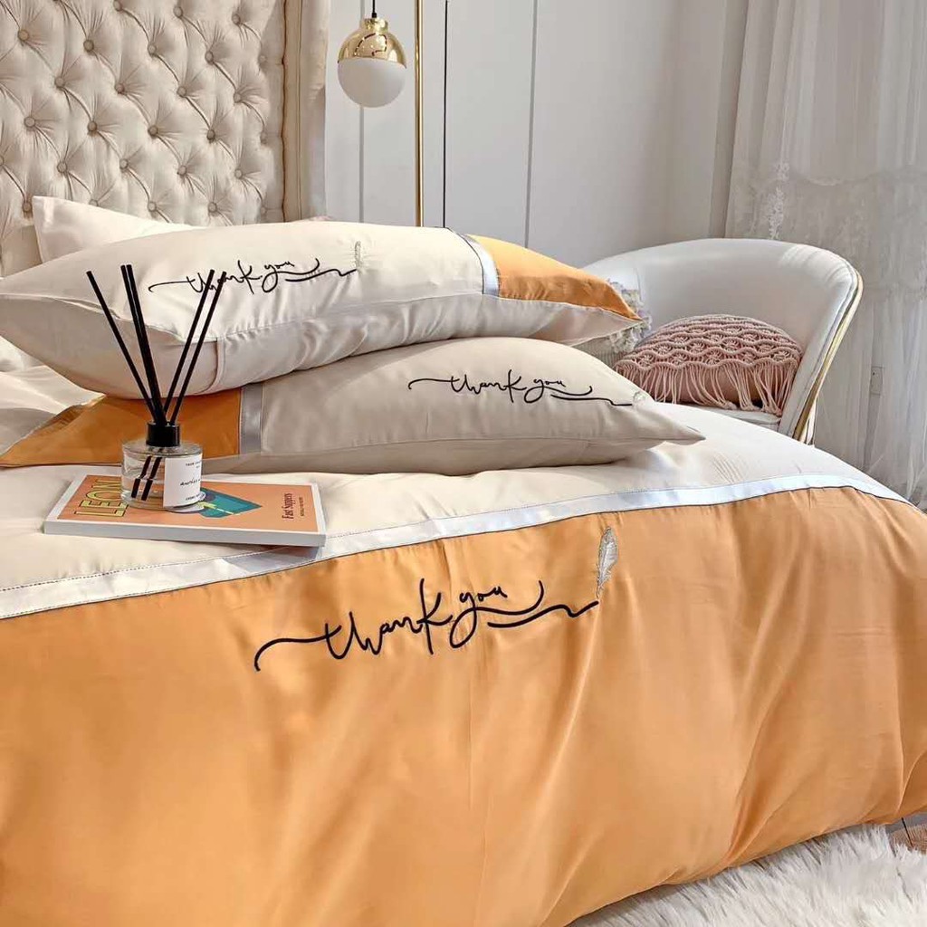 Chăn ga gối tencel hàng loại đẹp - Mẫu Trắng Cam
