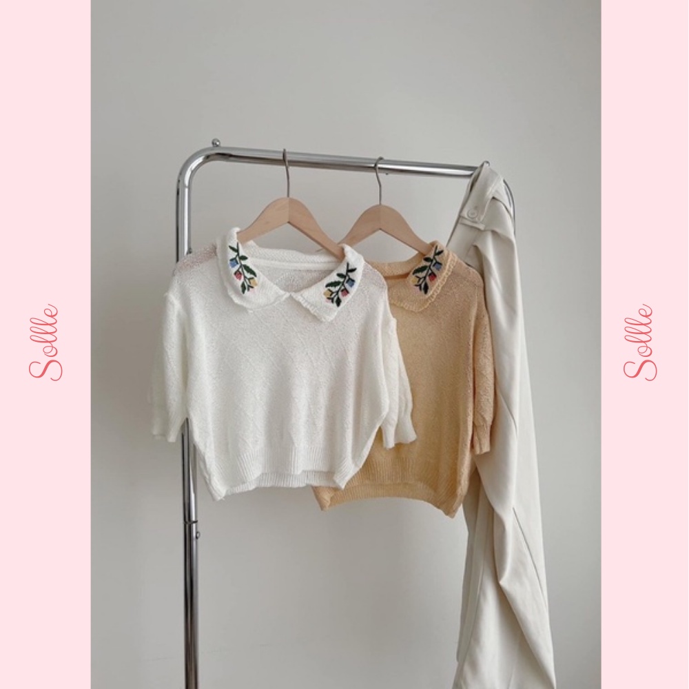 Áo len lưới mỏng ngắn tay cổ sen thêu hoa nổi cách điệu trắng kem vintage Hàn Quốc Sollle