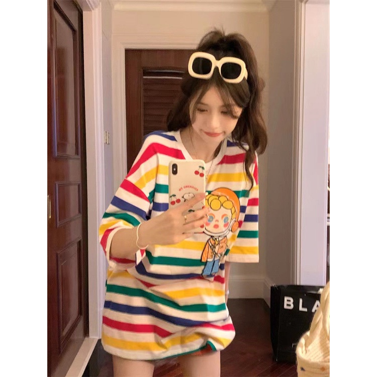 Jiashucheng Áo Thun Ngắn Tay Cổ Tròn Họa Tiết Kẻ Sọc Cầu Vồng Màu Tương Phản Thời Trang Mùa Hè Hàn Quốc 2023 Mới