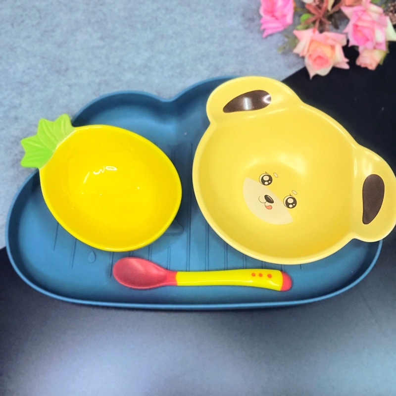 Set chén bát sứ ăn dặm cao cấp dành cho bé kèm khay mây, tặng kèm thìa báo nóng