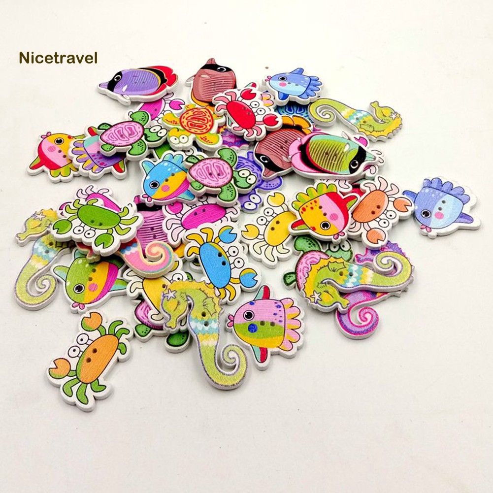 【 Set 50 Nút Gỗ 2 Lỗ Họa Tiết Cá Ngựa / Cua / Động Vật Hoạt Hình