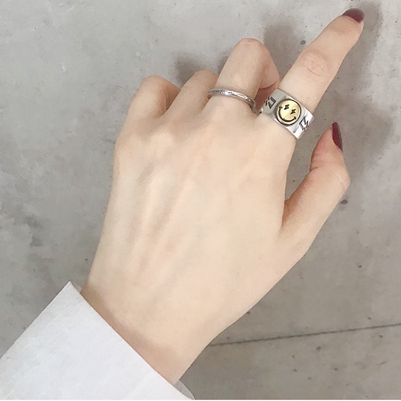 Nhẫn Hở Màu Bạc Hình Mặt Cười Có Thể Điều Chỉnh Phong Cách Cổ Điển