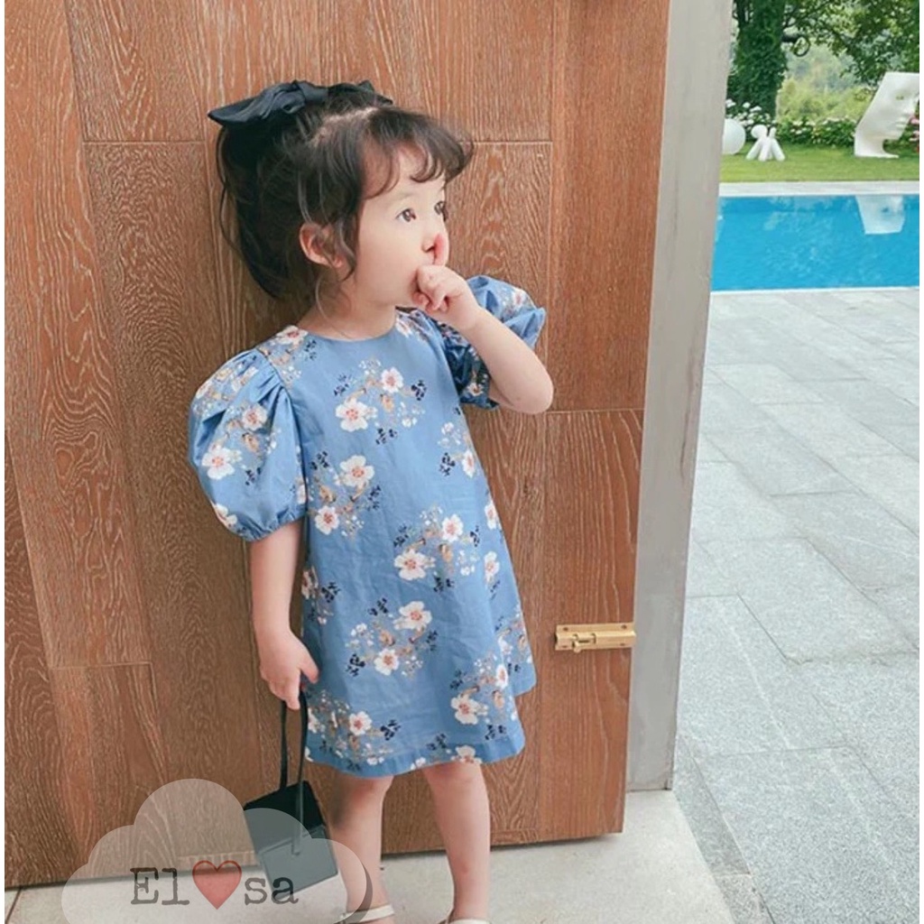 Váy bé gái Dáng Suông Tay Bồng Màu Xanh Hoa Size 8-18Kg