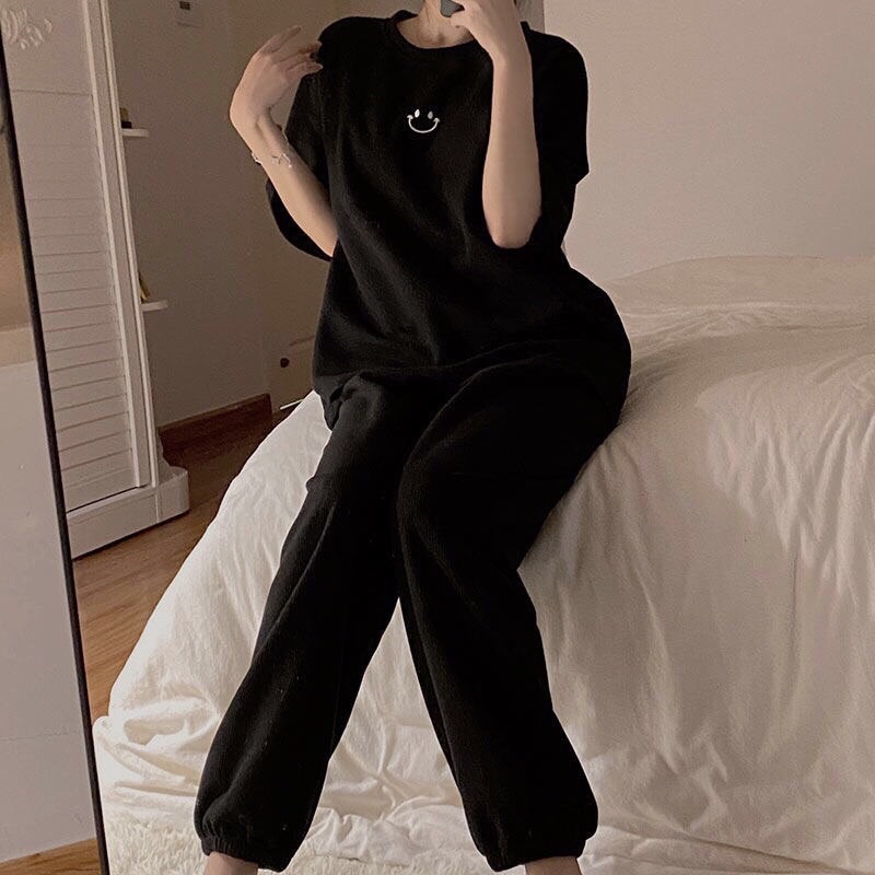 Set Quần Dài Áo Cộc Thêu Hình Mặt Cười Nữ Freesize -Bộ đồ culottes Bo Ống Kèm Áo Thun Form Rộng Tay Lỡ Hình ICon Ulzzang