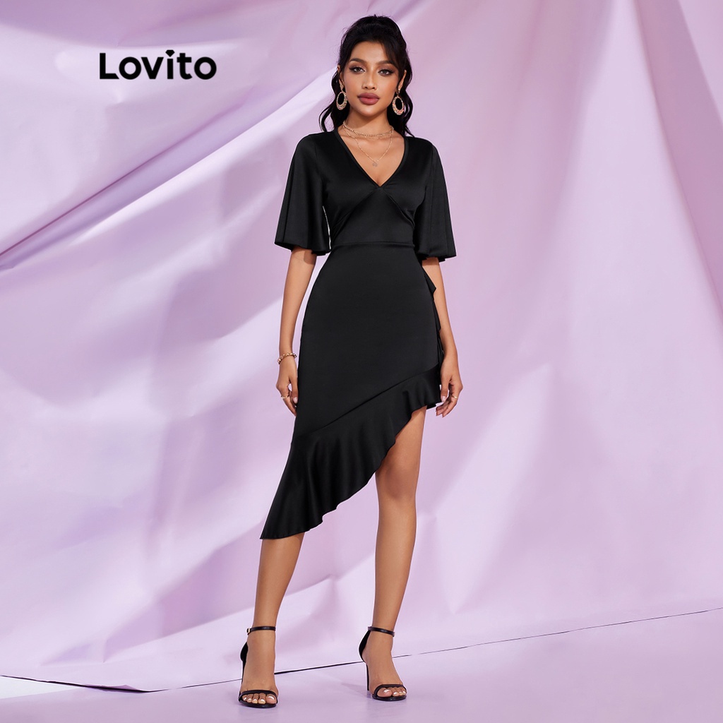 váy đầm (Lovito Exclusive) STIPPLING WORLD Cổ chữ V không đối xứng Xạo xạo Hem trơn Bình thường L28LE020 (Đen)