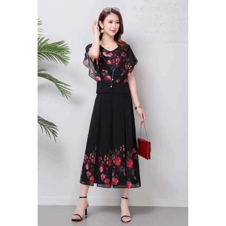 Bộ đồ voan in hoa quần ống rộng cho mẹ