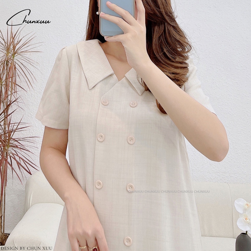 Đầm nữ thiết kế dáng babydoll tay ngắn phối cúc vải tơ hàn cao cấp thời trang thanh lịch- V14
