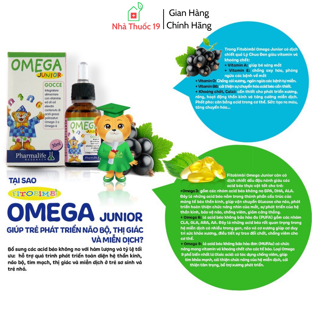 Fitobimbi Omega Junior Bổ Sung Omega 3, Omega 6 Hỗ Trợ Phát Triển Trí Não, Tăng Cường Miễn Dịch, Tốt Cho Mắt (Lọ 30ml)