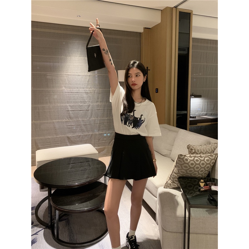 Áo thun Peppermint 50423 vải cotton cổ tròn dáng rộng ngắn tay in hình mèo dễ thương