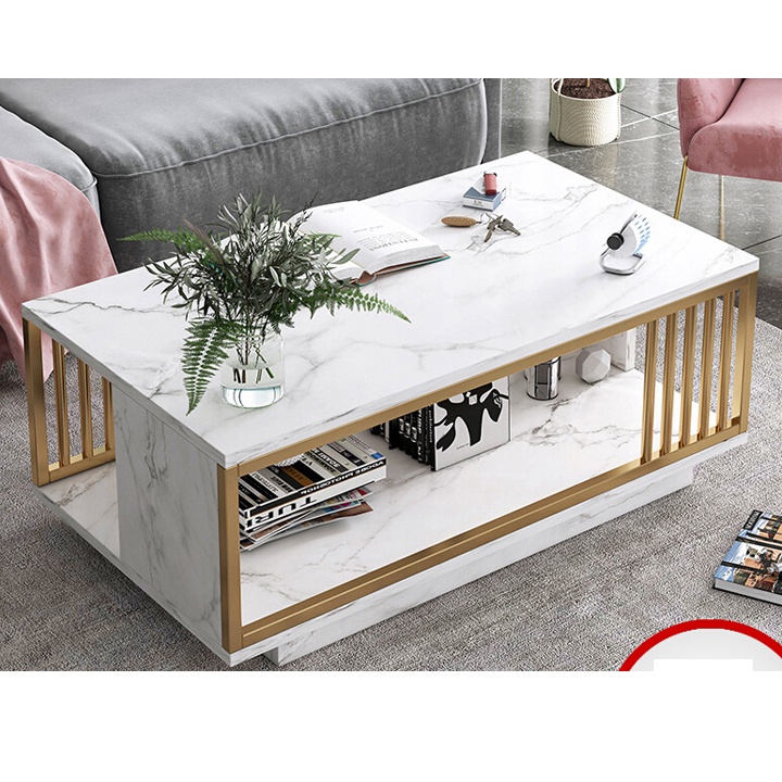 Bàn trà sofa mặt gỗ chân kim loại đẹp sang trọng,Bàn trà gỗ phòng khách uống nước 2 tầng họa tiết vân mây giá rẻ 100x50