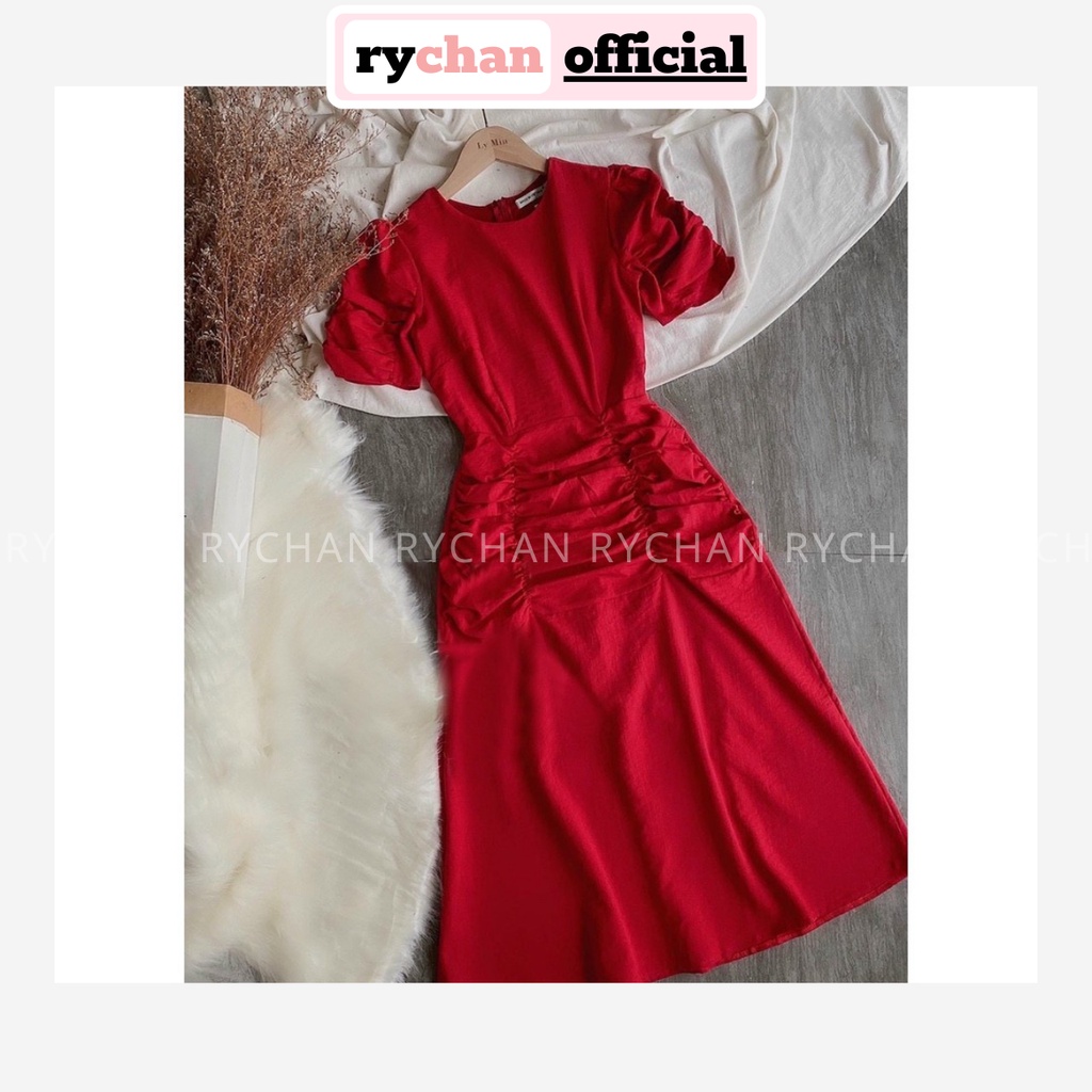 Đầm Xòe Midi Tay Phồng Nhún Sườn 2 Màu Trắng Đỏ Sang Trọng [Ảnh Thật Cuối] - DX0096