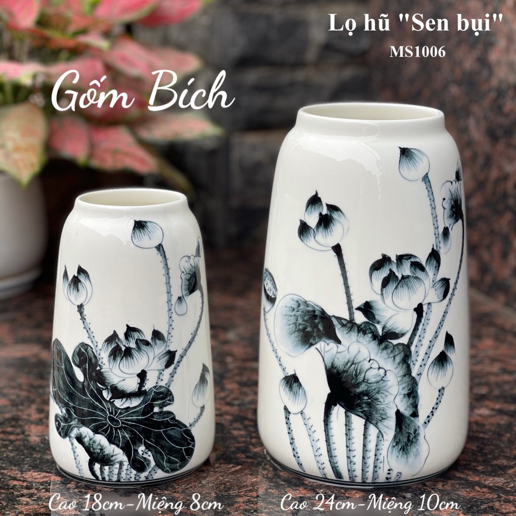 Bình Hoa Lọ Hoa Dáng Lọ Hũ Vẽ Sen Bụi Men Kem - Gốm Sứ Bát Tràng