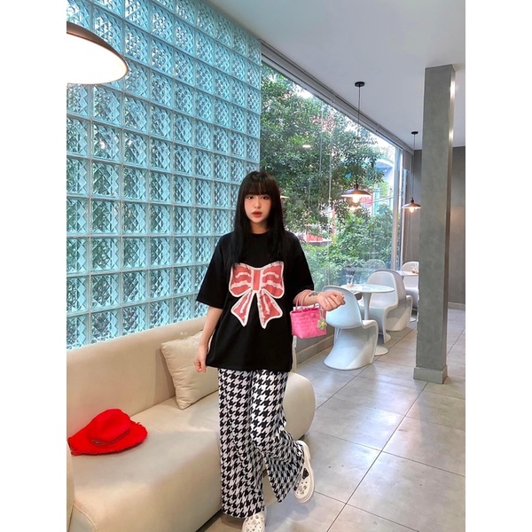 Set áo cotton đen nơ quần suông gân A9