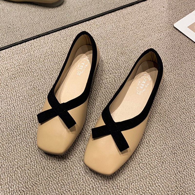 Giày Búp Bê Da Mềm Mũi Vuông Đính Nơ Thời Trang Cho Nữ