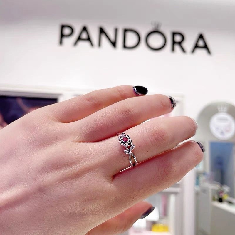 PANDORA Nhẫn Mạ Bạc 925 Đính Đá Zircon Hình Hoa Hồng Công Chúa disney Cho Nữ