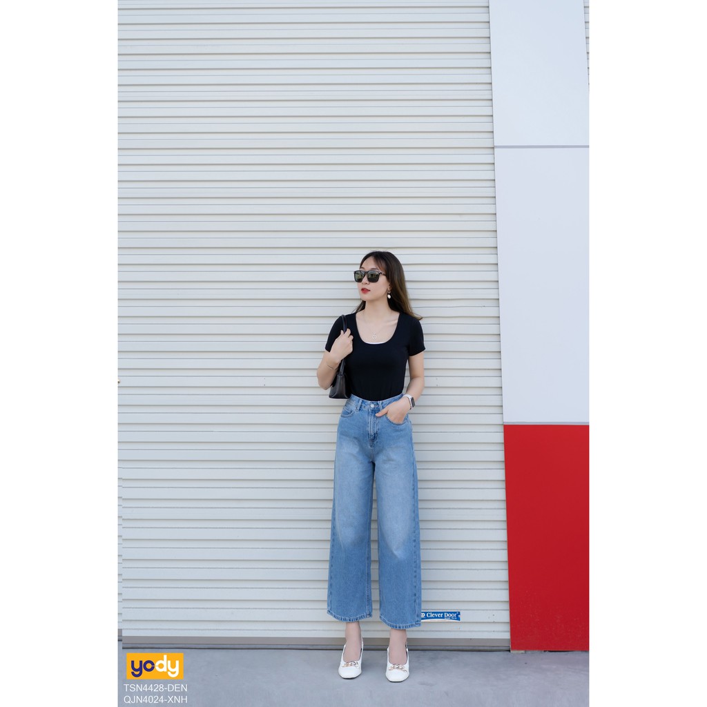 Quần Jean Nữ Dáng Suông YODY Cạp Liền Trơn Lưng Cao Co Giãn Tốt Tôn Dáng Mã SP QJN4024