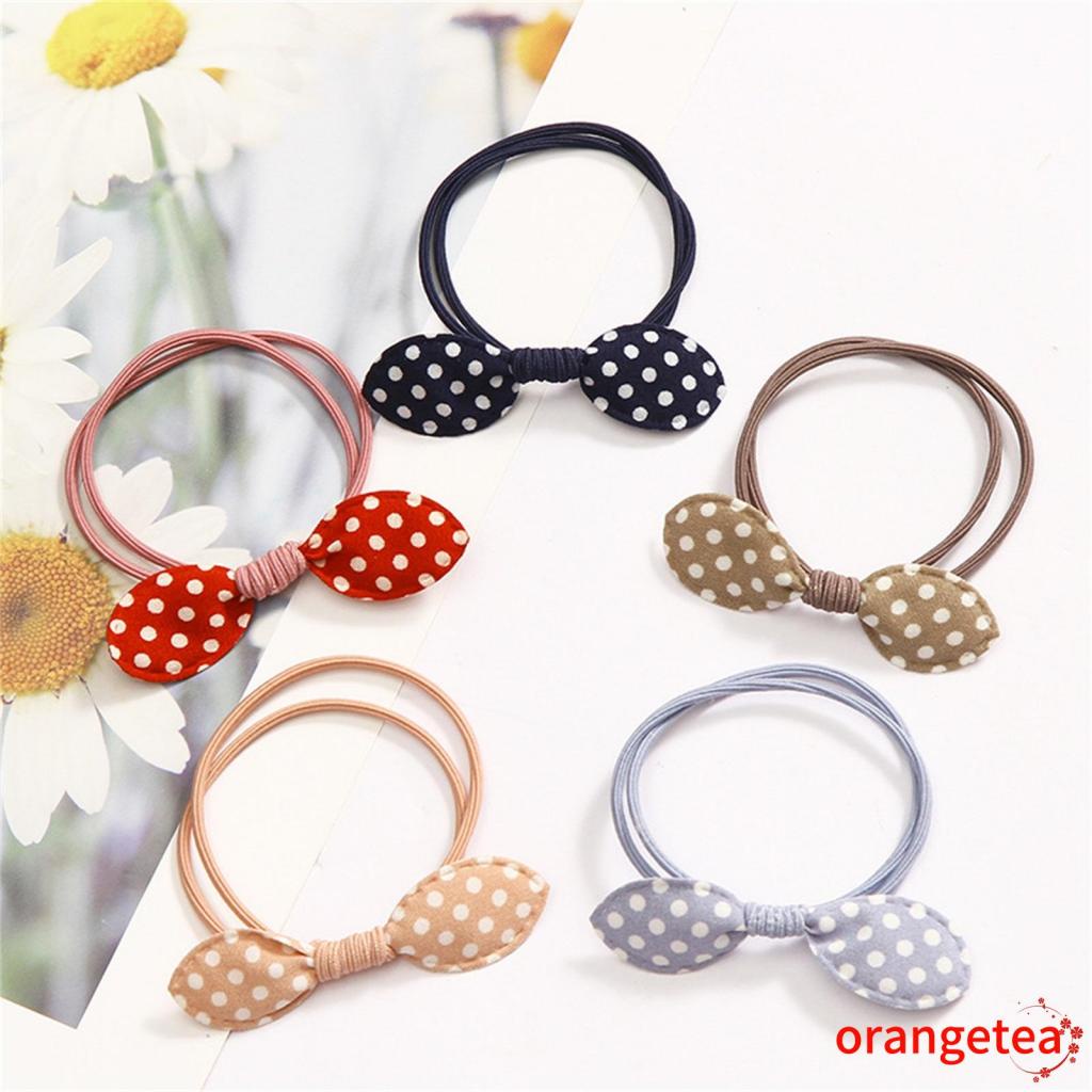 Dây buộc tóc đính nơ họa tiết chấm bi dễ thương cho bé gái