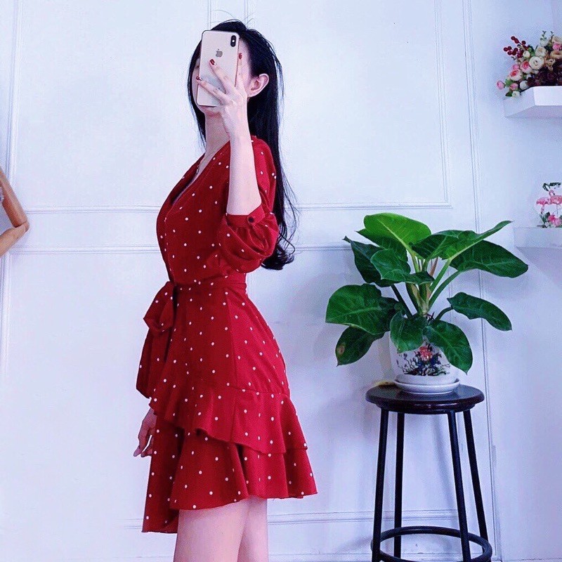 [Mã SKAMA06 giảm 8% tối đa 50K đơn 250K] Đầm bi đỏ tầng cột eo (kèm hình thật) | BigBuy360 - bigbuy360.vn