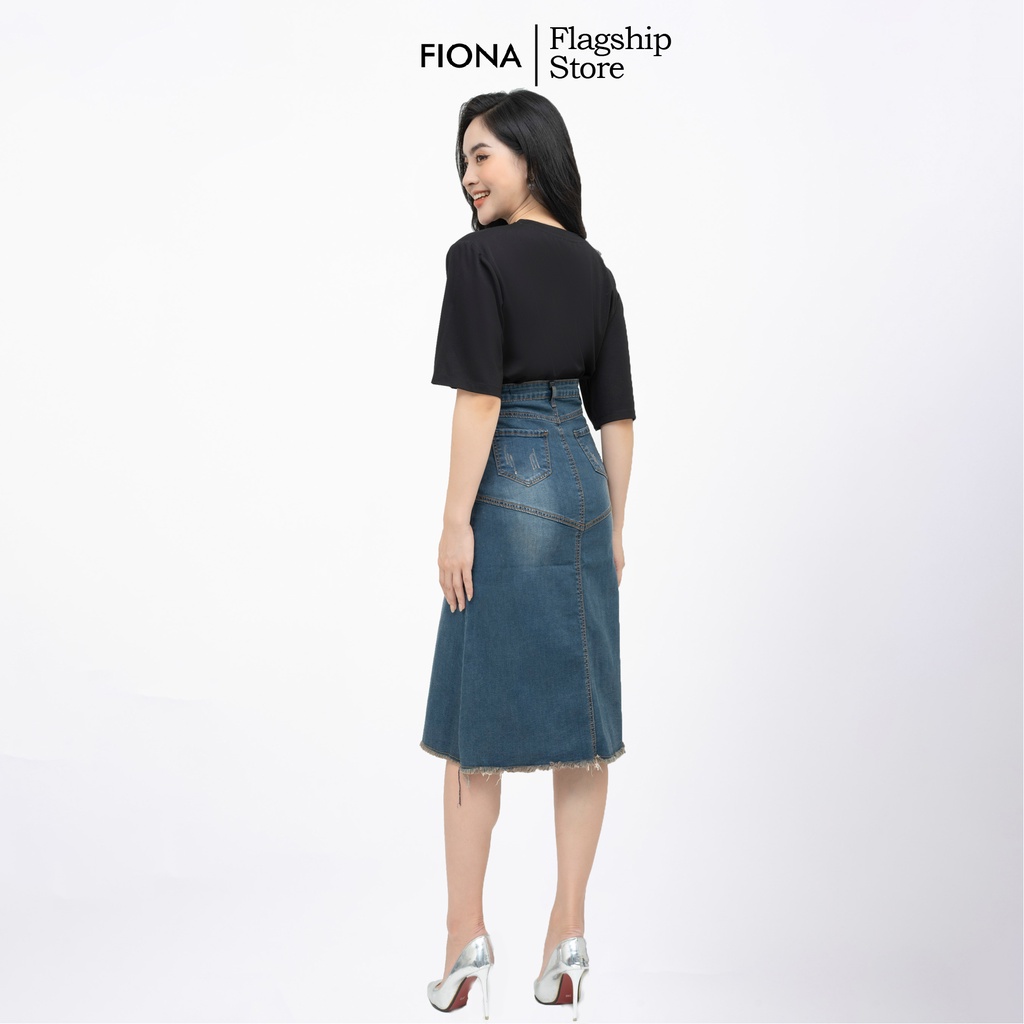 Chân váy bò nữ dáng A, chân váy Jeans dáng dài xẻ trước, túi ốp thân sau FIONA B242007
