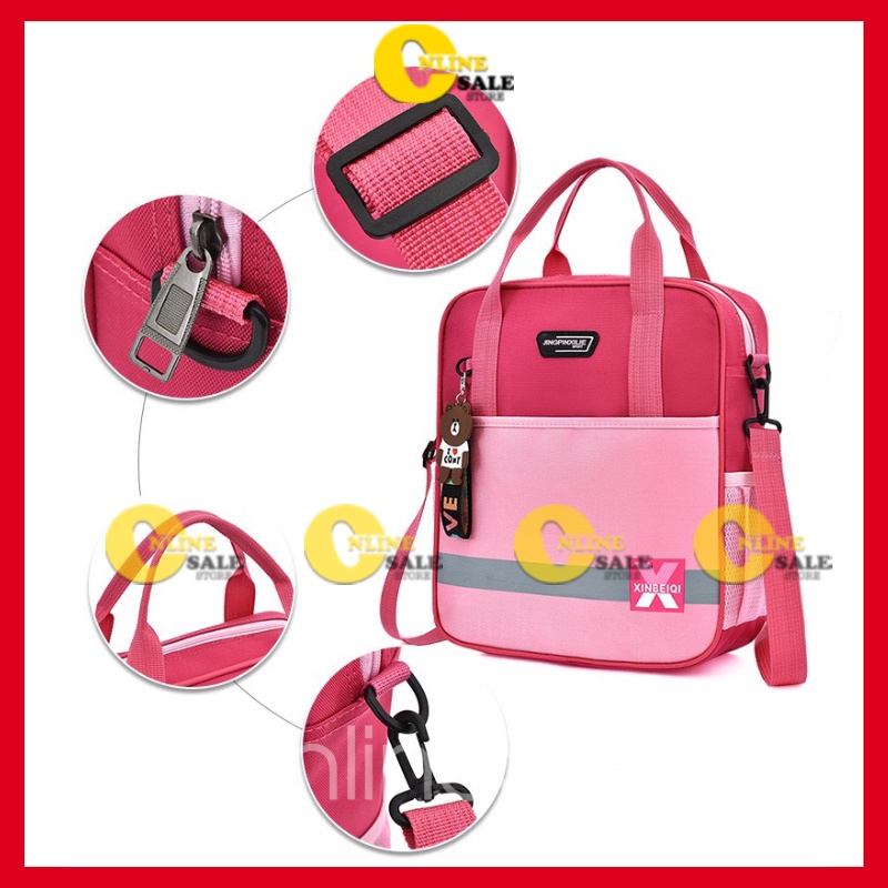 Túi xách cặp học thêm 2 kiểu đeo chéo hoặc balo tiểu học cho bé trai bé gái KT 33x29x10cm- Tặng kèm móc gấu