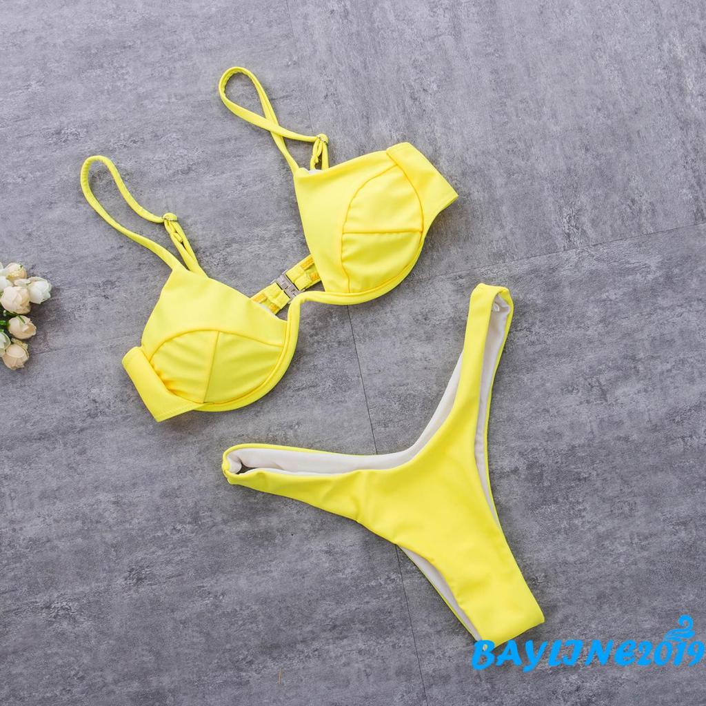 Bộ Đồ Bơi 2 Mảnh Lưng Cao Có Đệm Ngực Màu Trơn Hình Chữ V Dành Cho Nữ