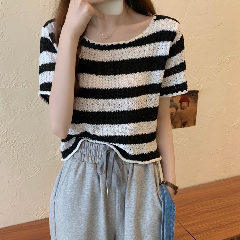 Áo Thun Dệt Kim Ngắn Tay Cổ Tròn Họa Tiết Kẻ Sọc Dáng Rộng Thời Trang Cho Nữ JL-TX-193