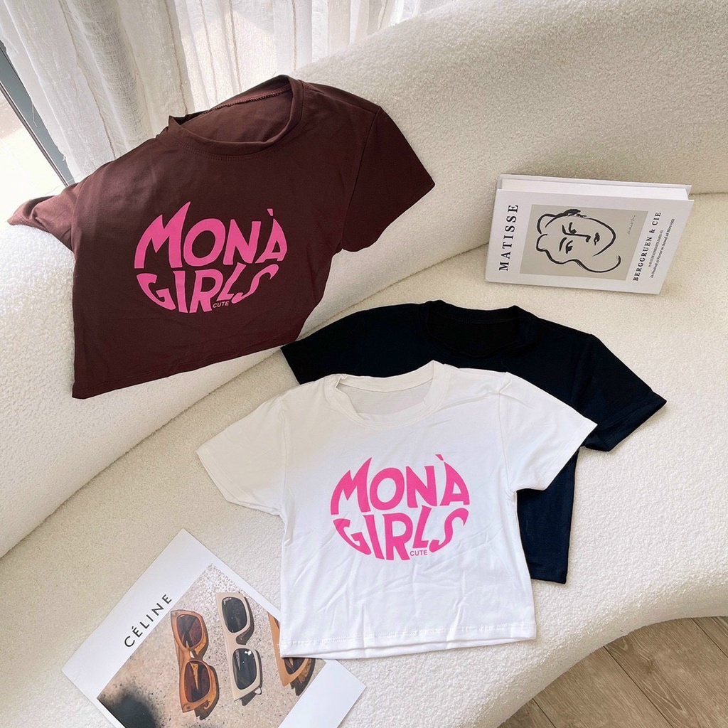 áo croptop thun lụa in chữ mona mềm mát mùa hè